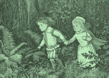 An illustration of the Green Children of Woolpit.