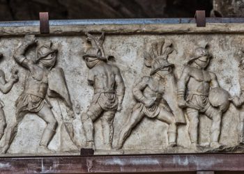 Relief presenting several gladiators during a fight.