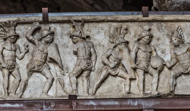 Relief presenting several gladiators during a fight.