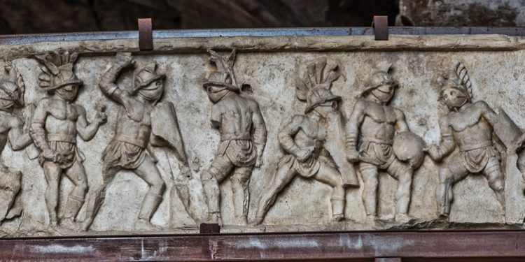 Relief presenting several gladiators during a fight.