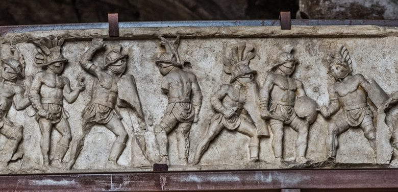 Relief presenting several gladiators during a fight.