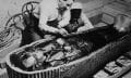 The famous photograph of Howard Carter when he opened the coffins of Tutankhamun.
