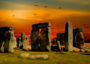 An artists illustration of the standing stones of Stonehenge. Jumpstory.