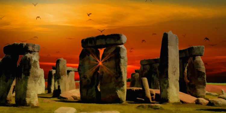 An artists illustration of the standing stones of Stonehenge. Jumpstory.