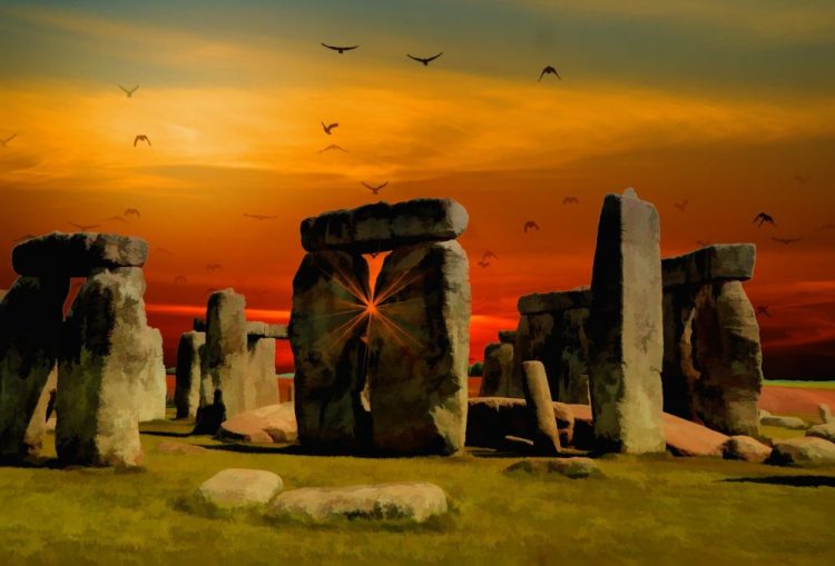 An artists illustration of the standing stones of Stonehenge. Jumpstory.