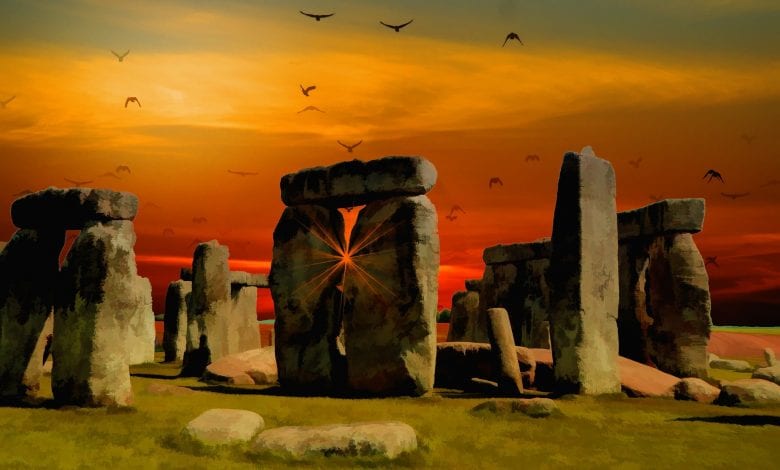 An artists illustration of the standing stones of Stonehenge. Jumpstory.