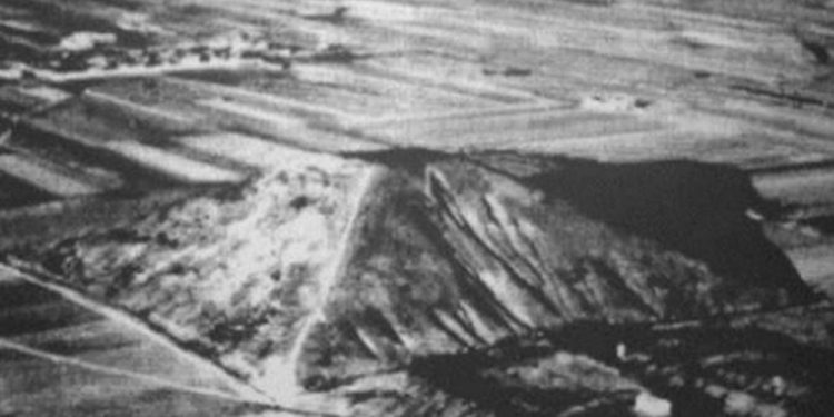 The alleged unconfirmed photograph of the Great White Pyramid of China. It is said that this ancient Chinese pyramid is twice as large as the Great Pyramid of Giza.