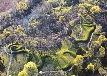 The entire enigmatic Serpent Mound as seen from high in the sky.