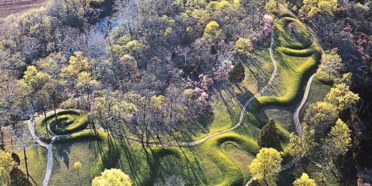 The entire enigmatic Serpent Mound as seen from high in the sky.