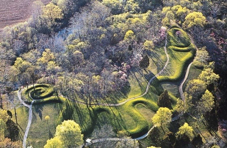 The entire enigmatic Serpent Mound as seen from high in the sky.