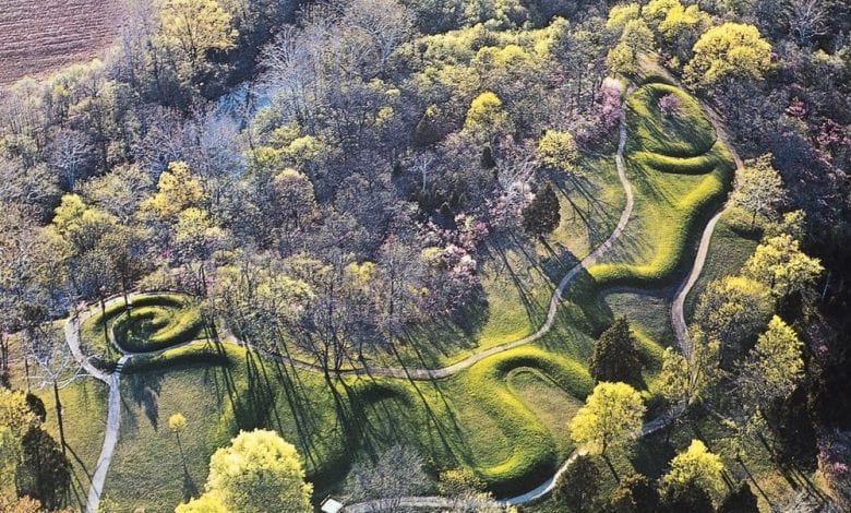 The entire enigmatic Serpent Mound as seen from high in the sky.
