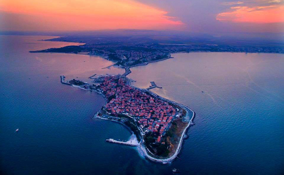 Aerial view of the Old City of Nesebar and the tiny road that connects it to the modern part of the city. 