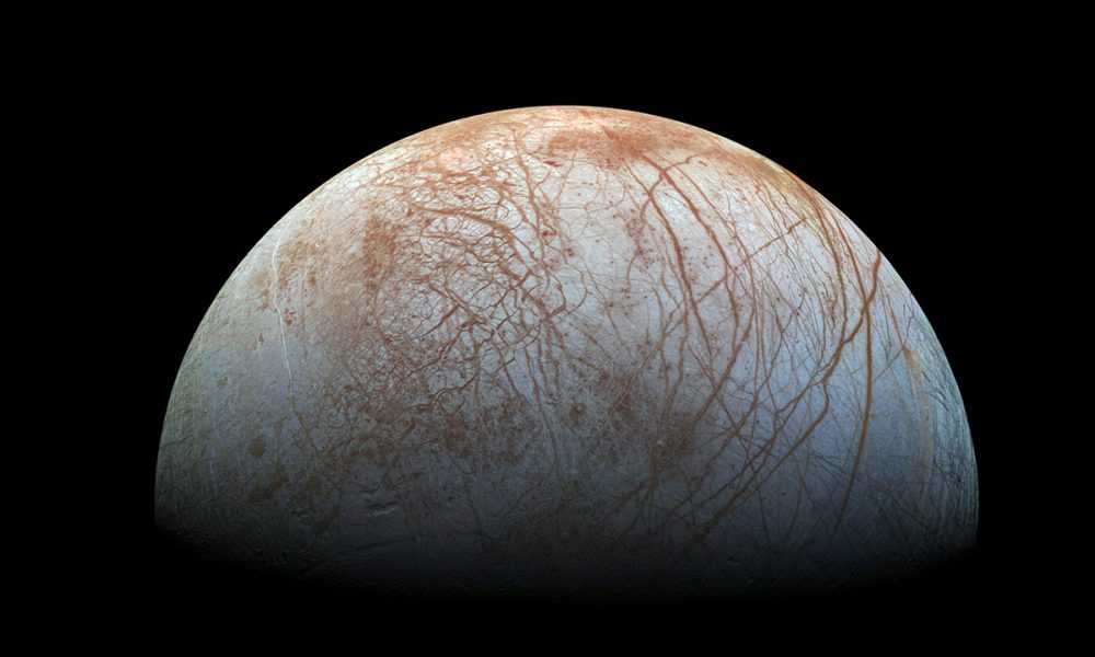 The stunning surface of Europa as seen from this reprocessed image taken by the Galileo spacecraft. Source: NASA