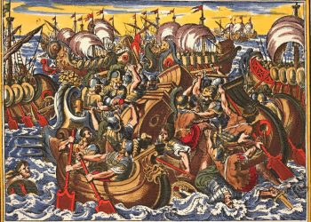 Copper engraving depicting the Peloponnesian War. More specifically, it depicts the defeat of the Athenian naval army.