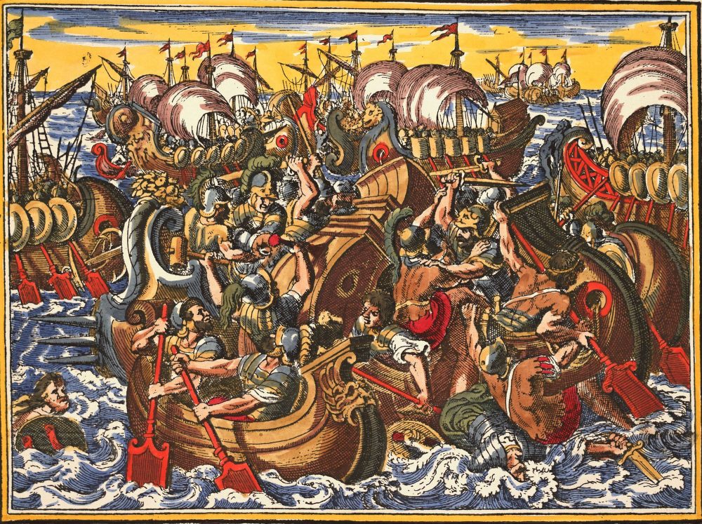 Copper engraving depicting the Peloponnesian War. More specifically, it depicts the defeat of the Athenian naval army.