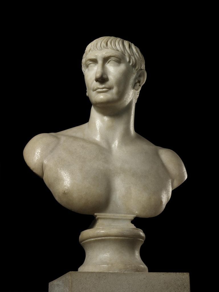 An unusual marble bust of Emperor Trajan. Credit: British Museum