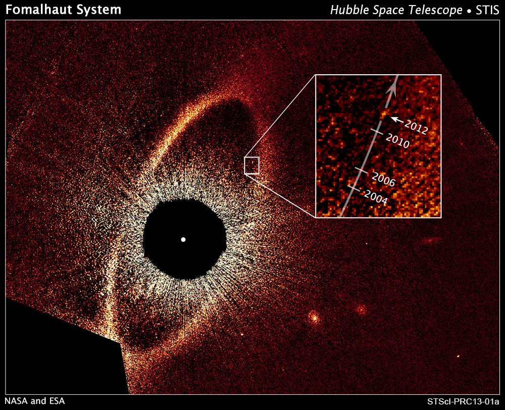 This false-color composite image, taken with the Hubble Space Telescope, reveals the orbital motion of the planet Fomalhaut b. Source: NASA