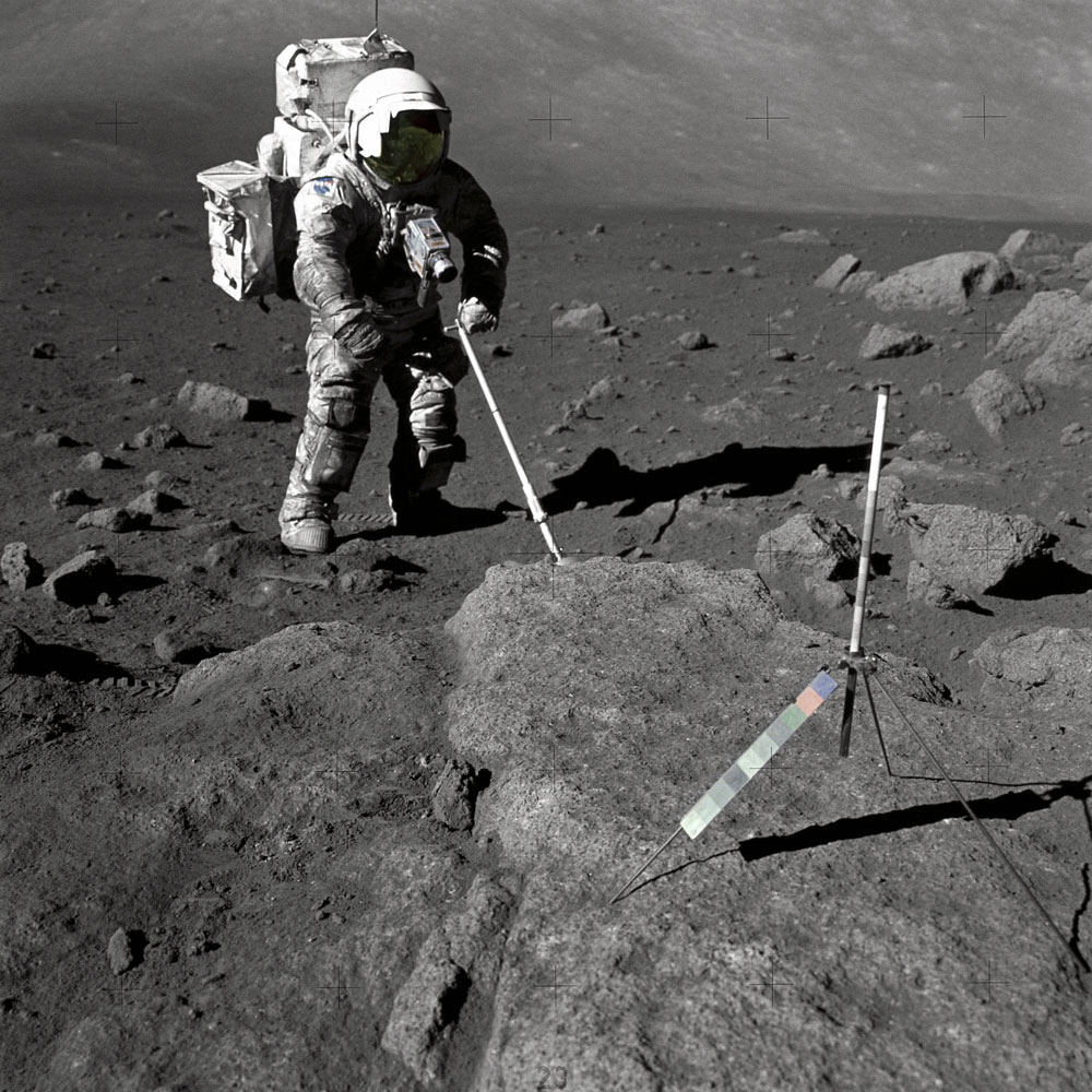 Harrison Schmitt, the last living person to have set foot on the Moon photographed while taking samples during Apollo 17.