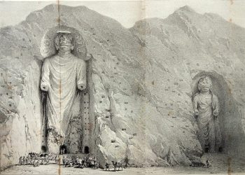 An old engraving illustrating the Bamyan Buddhas over a hundred years ago in 1883.