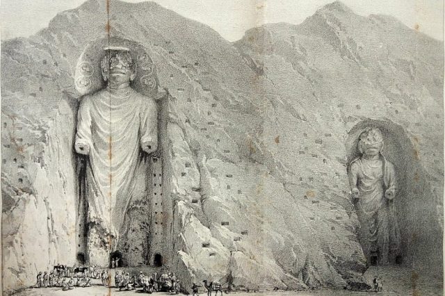 An old engraving illustrating the Bamyan Buddhas over a hundred years ago in 1883.