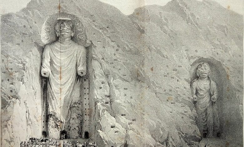 An old engraving illustrating the Bamyan Buddhas over a hundred years ago in 1883.