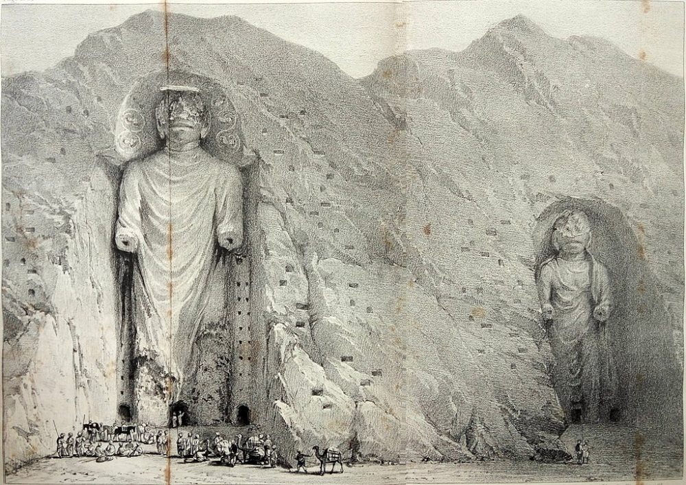 An old engraving illustrating the Bamyan Buddhas over a hundred years ago in 1883.