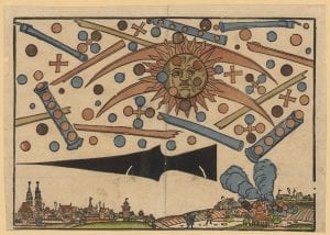 An illustration of the News Notice published in April 1561 showing "a celestial phenomenon" over the city of Nuremberg. Image Credit: Wikimedia Commons.