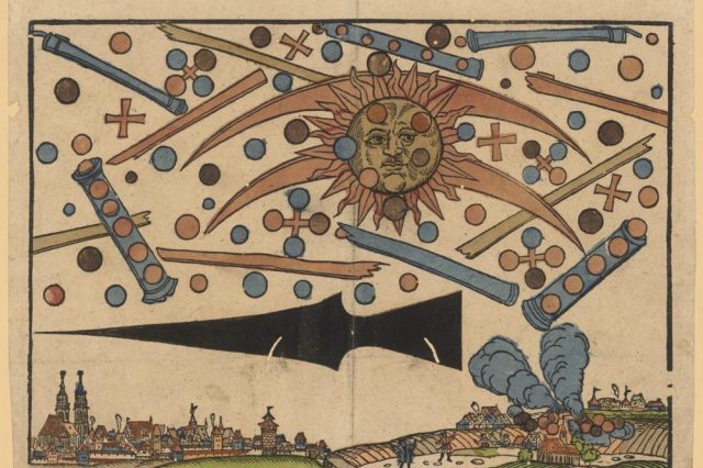 An illustration of the News Notice published in April 1561 showing "a celestial phenomenon" over the city of Nuremberg. Image Credit: Wikimedia Commons.