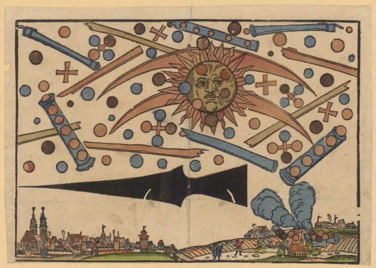 An illustration of the News Notice published in April 1561 showing "a celestial phenomenon" over the city of Nuremberg. Image Credit: Wikimedia Commons.