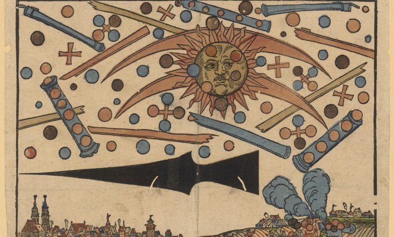 An illustration of the News Notice published in April 1561 showing "a celestial phenomenon" over the city of Nuremberg. Image Credit: Wikimedia Commons.