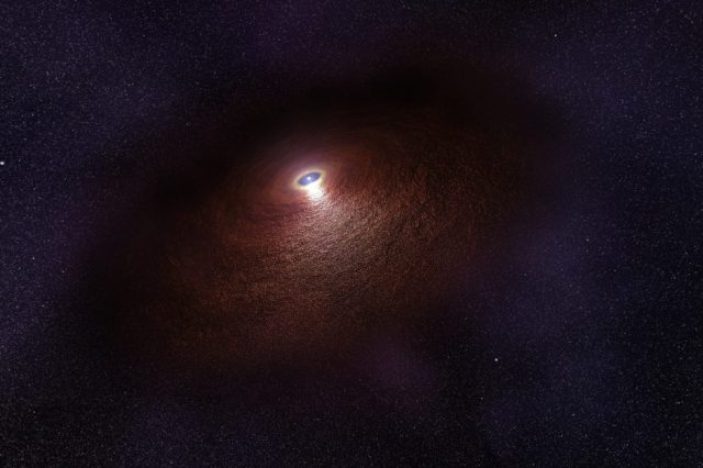 An artist's illustration showing a neutron star (RX J0806.4-4123) with a disc of warm dust that produces an infrared signature. Image Credit: ESA/Hubble.