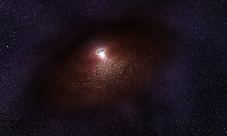 An artist's illustration showing a neutron star (RX J0806.4-4123) with a disc of warm dust that produces an infrared signature. Image Credit: ESA/Hubble.