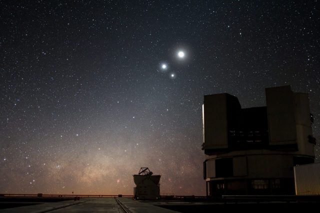 In the night sky over ESO’s Very Large Telescope (VLT) observatory at Paranal, the Moon shines along with Venus and Jupiter. Image Credit: ESO/Y. BELETSKY.