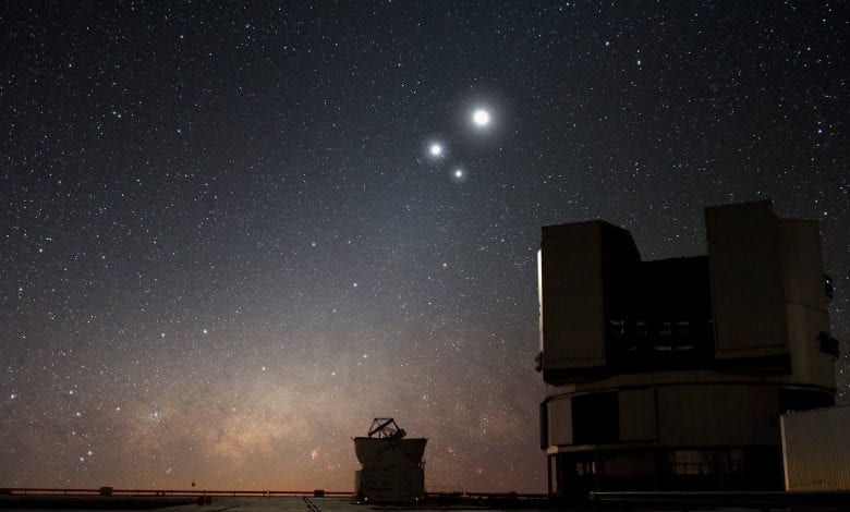 In the night sky over ESO’s Very Large Telescope (VLT) observatory at Paranal, the Moon shines along with Venus and Jupiter. Image Credit: ESO/Y. BELETSKY.
