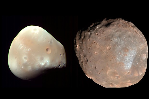 Mars’s moons Phobos, left, and Deimos, right.