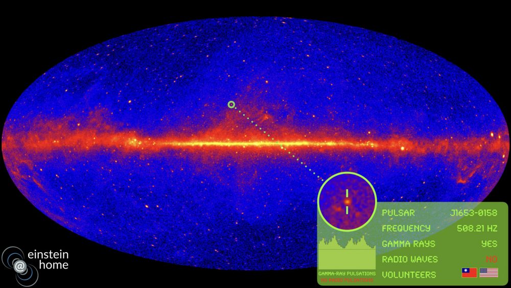 This illustration shows the entire sky as viewed by the Fermi Gamma-ray Space Telescope as well as the recently discovered pulsar by the Einstein@Home. Image Credit: Knispel/Max Planck Institute for Gravitational Physics/NASA/DOE/Fermi LAT Collaboration.