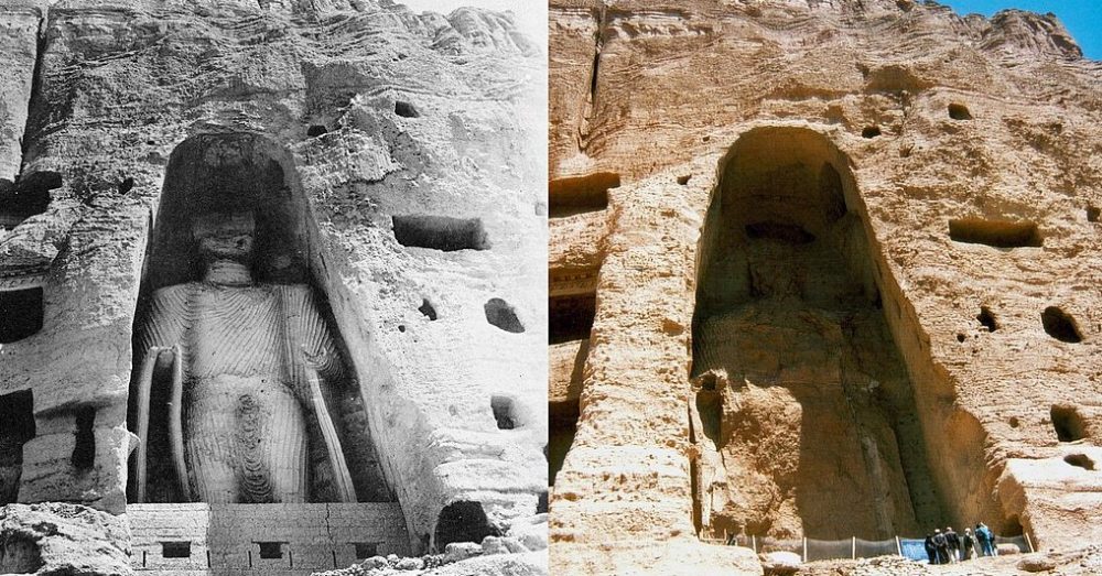 The smaller Eastern statue before and after its destruction. 