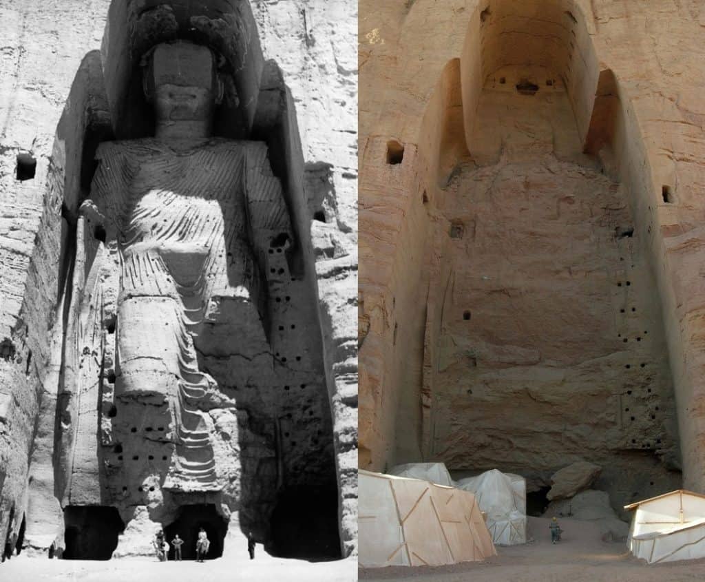 The taller of the Bamiyan Buddhas as seen before and after its destruction. 