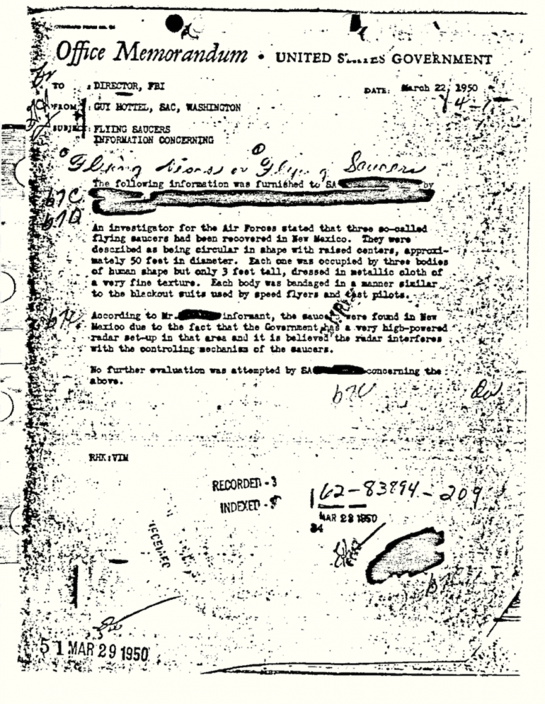 A screenshot of the Guy Hottel Memo. Image Credit: FBI Vault.