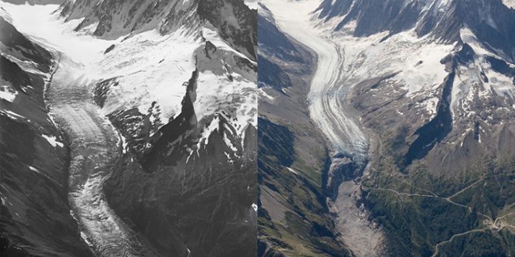 The result of the climate changes on the Argentière glacier - one of the largest glacier in the Mont Blanc massif. The photographs were made 100 years apart and show the progressive melting of the glacier. Source: EOS