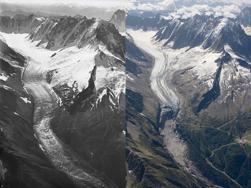 The result of the climate changes on the Argentière glacier - one of the largest glacier in the Mont Blanc massif. The photographs were made 100 years apart and show the progressive melting of the glacier. Source: EOS