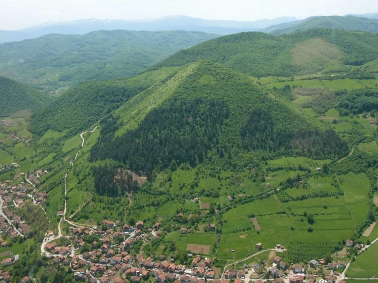 The largest alleged Bosnian Pyramid, the Pyramid of the Sun, standing near the city of Visoko.