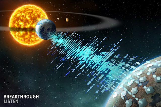 Artist’s impression of Breakthrough Listen spotting technosignatures from a distant planet. Source: Breakthrough Listen