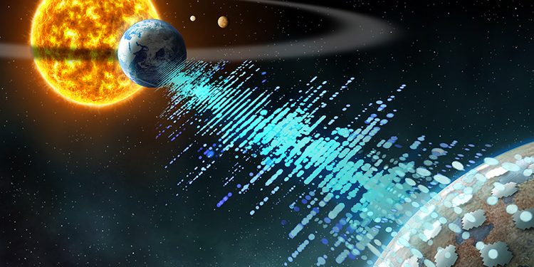 Artist’s impression of Breakthrough Listen spotting technosignatures from a distant planet. Source: Breakthrough Listen