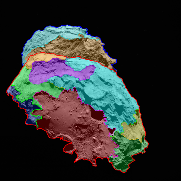 The surface of the comet has been divided into regions with completely different physical appearances. Credit: NASA
