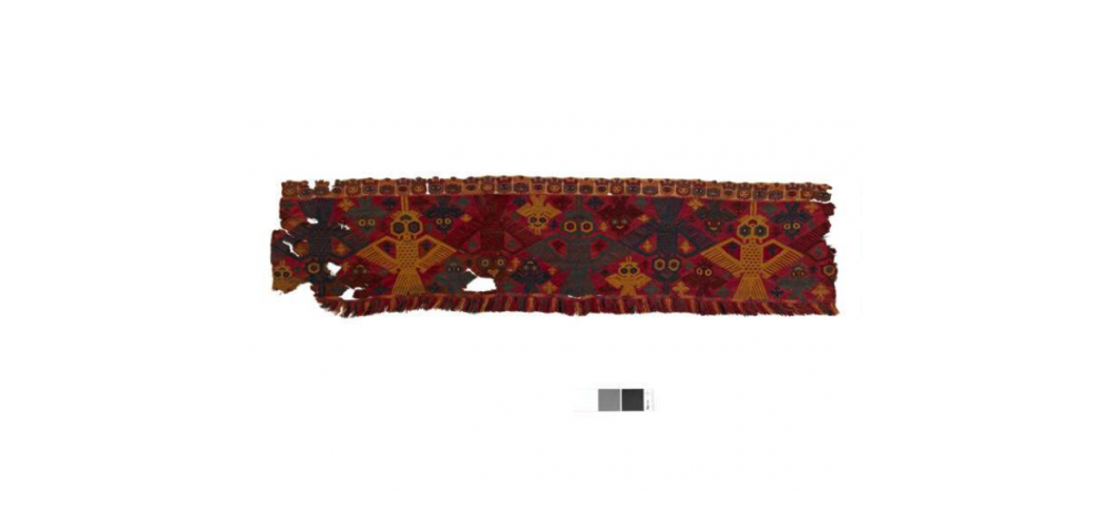 Rectangular border fragment with fringe, depicting birds in several colors. Source: British Museum