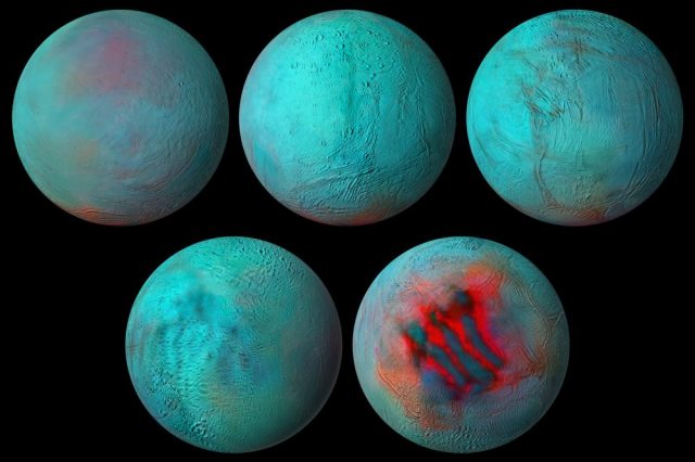 Mosaics of Enceladus, one of Saturn's moons, created with data from the Cassini spacecraft, giving us a brand new amazing presentation of this fascinating moon. Credit: ESA Int.
