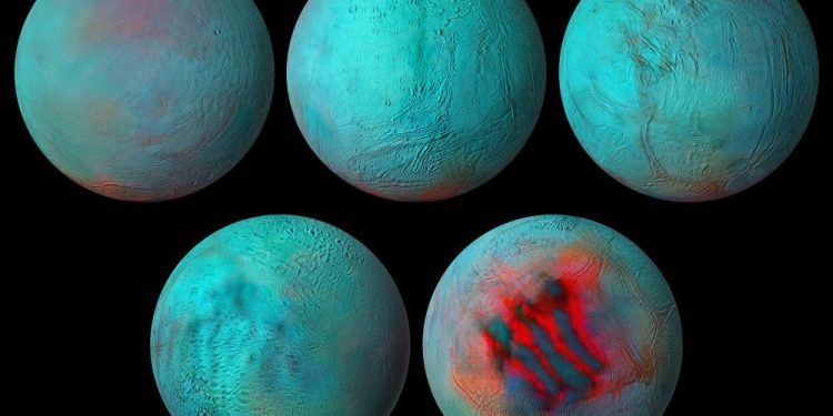 Mosaics of Enceladus, one of Saturn's moons, created with data from the Cassini spacecraft, giving us a brand new amazing presentation of this fascinating moon. Credit: ESA Int.