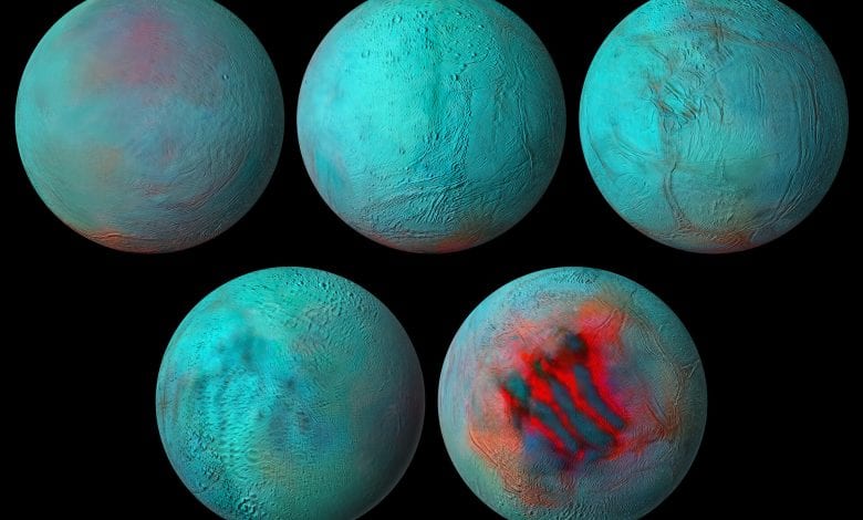 Mosaics of Enceladus, one of Saturn's moons, created with data from the Cassini spacecraft, giving us a brand new amazing presentation of this fascinating moon. Credit: ESA Int.