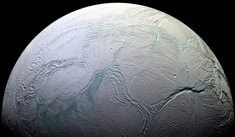 The most famous geysers in the solar system are located on Enceladus. Source: NASA